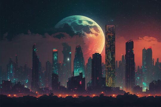 urban skyline lit up with colorful lights during a full moon night scene. Fantasy concept , Illustration painting. Generative AI