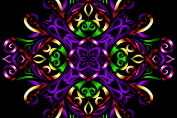 Beautiful caleidoscope colourful gradient flowers line art of traditional background batik dayak ornament design template elements