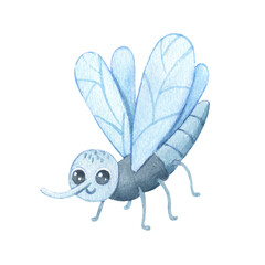 Cute smiling character mosquito isolated on white background. Funny insect for children. Watercolor cartoon illustration