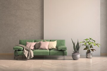 Minimal living room with sofa. Scandinavian interior design. 3D illustration