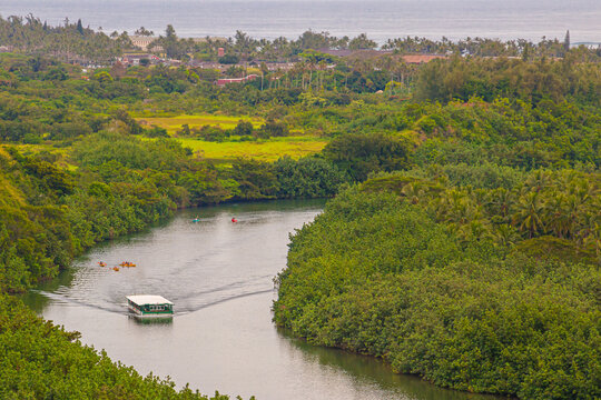 Tour Boats and Kayaks on The Wailua River on The Wailua Heritage Trail, Kapa'a, Kauai, Hawaii, USA