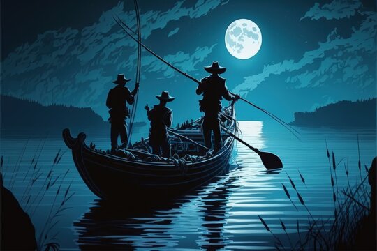 Silhouette of anglers with fishing rod on vessel and vast moon in the background. Fantasy concept , Illustration painting. Generative AI