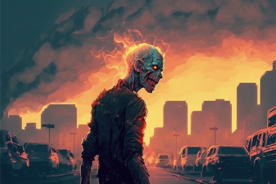 Undead looking backward with flaming urban backdrop. Fantasy concept , Illustration painting. Generative AI