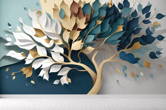 Colorful tree with leaves on hanging branches of blue, white and golden illustration background. 3d abstraction wallpaper for interior mural wall art decor. floral tree, generative AI