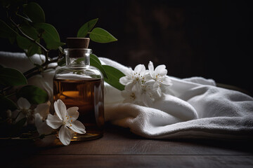 Spa still-life concept. White towel and a small bottle of essential oil
