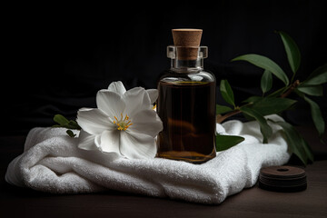 Towel, small bottle oil, fresh leaves and white flower. Spa still-life concept