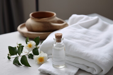 Fototapeta na wymiar Spa still-life concept. White towel and a small bottle of essential oil
