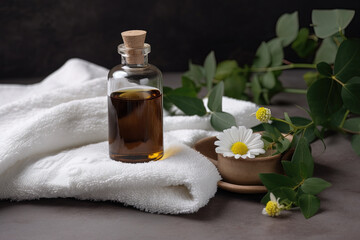 Fototapeta na wymiar Spa still-life concept. White towel and a small bottle of essential oil