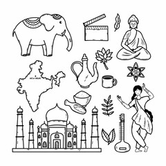 Culture and traditions of India. Vector doodle illustration. Set of icon. Contour drawing.