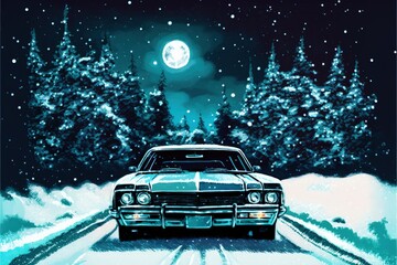 Fototapeta na wymiar Winter night scene featuring abandoned vehicle buried in snow and large full moon in the background. Fantasy concept , Illustration painting. Generative AI