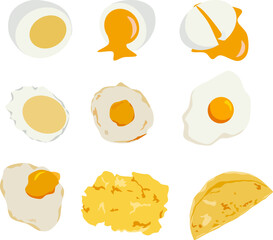 Type of egg cooking, hard boiled egg,  soft boiled, runny yolk, poached, fried over medium, sunny side up, over easy, scrambled, omelet. Vector simple illustration