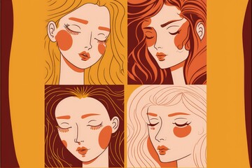 Women's Day holiday. Pattern of female faces. Typographic posters design with flat illustrations. Fantasy concept , Illustration painting. Generative AI