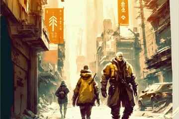 Futuristic urban scene depicting people walking through the city. Fantasy concept , Illustration painting. Generative AI