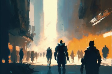 Futuristic urban scene depicting people walking through the city. Fantasy concept , Illustration painting. Generative AI