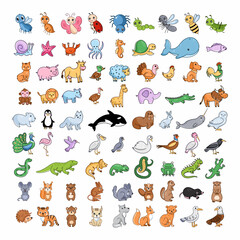 Obraz premium Large set with animals. Zoo collection for children. Vector illustration in cartoon style. Stickers. Africa and Antarctica. Predators, rodents, birds and marine life.