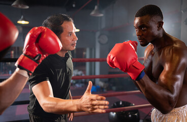 The boxing referee signaled the fight by chopping hands between the two boxers that is a fight...