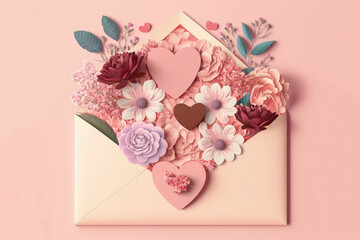 Valentine's Day concept. Flat lay top view with pink blooms, hearts and envelope on pastel pink backdrop. Fantasy concept , Illustration painting. Generative AI