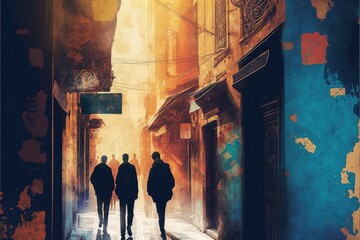 People strolling through a narrow alleyway with intricate designs on the walls, depicting a path to a beautiful destination. Fantasy concept , Illustration painting. Generative AI