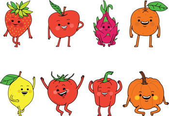Funny fruits and vegetables set. Cute cartoon characters. Vector illustration.