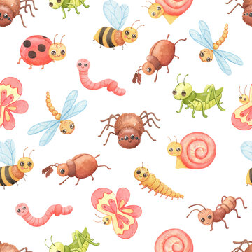 Seamless watercolor pattern with Cartoon insects. Cute butterfly, grasshopper and spider.