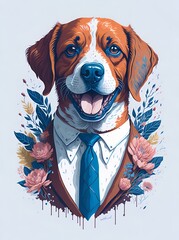 Vector illustration on the theme of cute dog with flowers