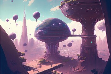 Overhead shot of futuristic metropolis on extraterrestrial planet. Fantasy concept , Illustration painting. Generative AI