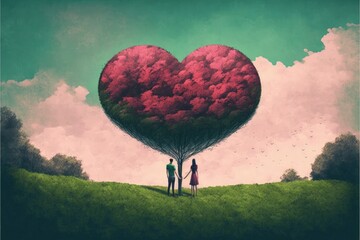 Valentine's Day drawing of couple by heart-shaped tree. Fantasy concept , Illustration painting. Generative AI