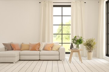 Bright interior design with modern furniture and summer landscape in window. 3D illustration