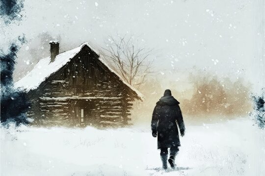 Snowy weather with a man walking towards the log house. Fantasy concept , Illustration painting. Generative AI