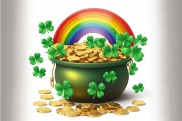 Pot full of gold coins, shamrock leaves, and rainbow - St. Patrick's Day idea. Fantasy concept , Illustration painting. Generative AI