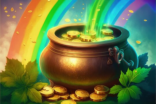 Pot full of gold coins, shamrock leaves, and rainbow - St. Patrick's Day idea. Fantasy concept , Illustration painting. Generative AI