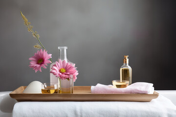 Obraz na płótnie Canvas Spa setting with a white bathtub, a pink towel and a gold tray with skin care products