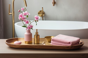 Spa setting with a white bathtub, a pink towel and a gold tray with skin care products