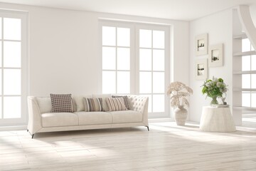 White modern interior design with sofa. Scandinavian interior design. 3D illustration