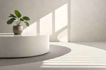 Fototapeta premium Empty beige brown cement curve counter podium with texture, soft beautiful dappled sunlight, plant, and shadow on white wall