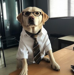 Un perro con traje y corbata en su despacho haciendo trabajos de oficina - obrazy, fototapety, plakaty