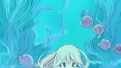Fototapeta na wymiar Cute little girl under the sea, anime style, AI-generated image