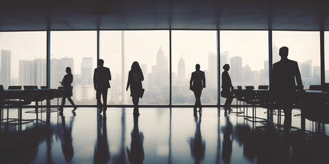 Silhouette group of people walking in office with blurred city background