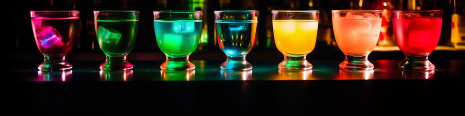 7 farbige neon Cocktails / Drinks in Neonfarben und Neonlicht. Generative Ai.