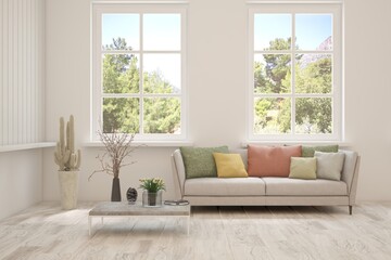 Bright interior design with modern furniture and summer landscape in window. 3D illustration