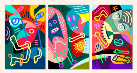 Vector colorful abstract pop art face and mask background for summer