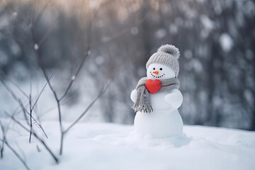 Snowman holding a heart illustration, a wintry Valentine's Day concept