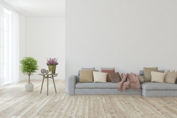 White living room with sofa. Scandinavian interior design. 3D illustration