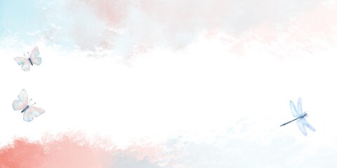 Watercolor background with butterflies. Abstract background-frame for postcards, invitations, banners. 
Watercolor frame with an empty space for your text
