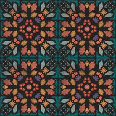 Seamless watercolor pattern. Watercolor leaves, flowers, berries collected in a pattern