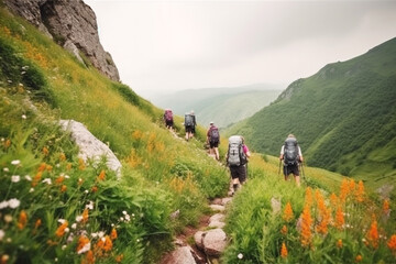 Obraz premium Backpackers with colorful backpacks walk along mountain path. Eco travel ecotourism. Generative Ai content