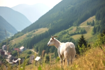  Pets at mountain pasture. Ecological rural tourism. Generative Ai content.