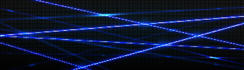 Realistic neon blue laser beams intersecting on black transparent background. Vector illustration of shiny rays glowing in darkness. Bank or museum security system border. Futuristic space weapons