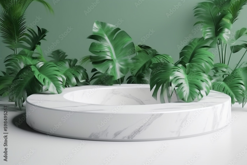 Poster marble platform green color space mock up podium design leaf creative. generative ai. generative ai