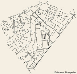 Detailed hand-drawn navigational urban street roads map of the ESTANOVE NEIGHBOURHOOD of the French city of MONTPELLIER, France with vivid road lines and name tag on solid background